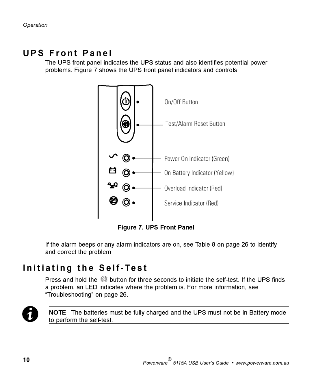 Powerware 5115A USB manual S F r o n t P a n e l, I t i a t i n g t h e S e l f Te s t 