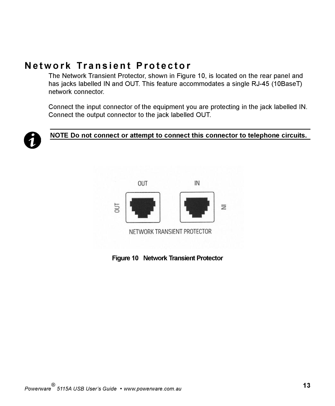 Powerware 5115A USB manual T w o r k Tr a n s i e n t P r o t e c t o r, Network Transient Protector 