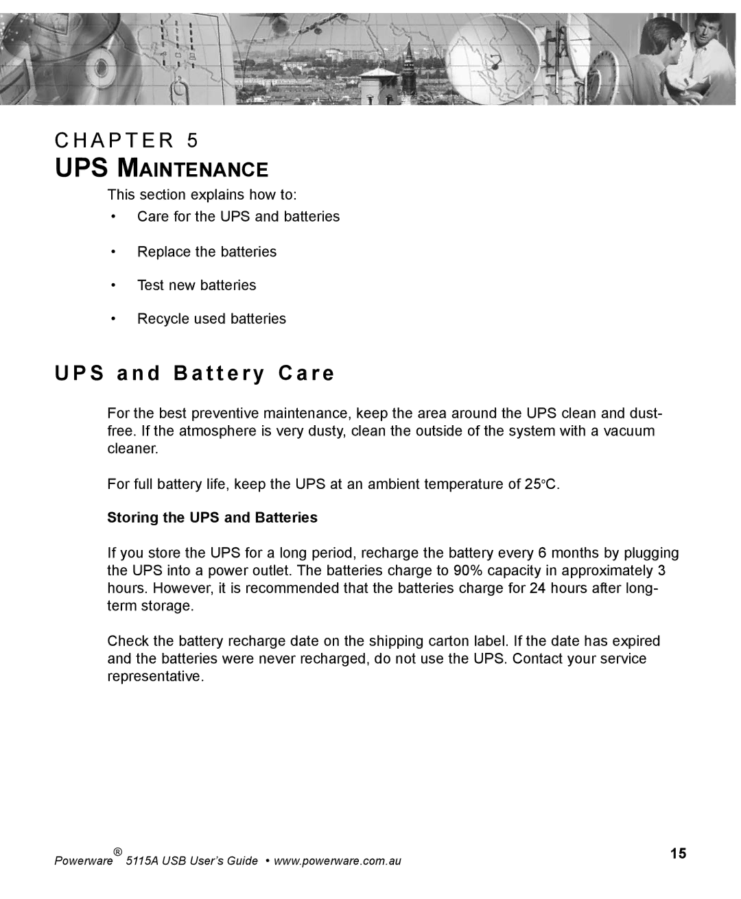 Powerware 5115A USB manual S a n d B a t t e r y C a r e, UPS Maintenance, Storing the UPS and Batteries 