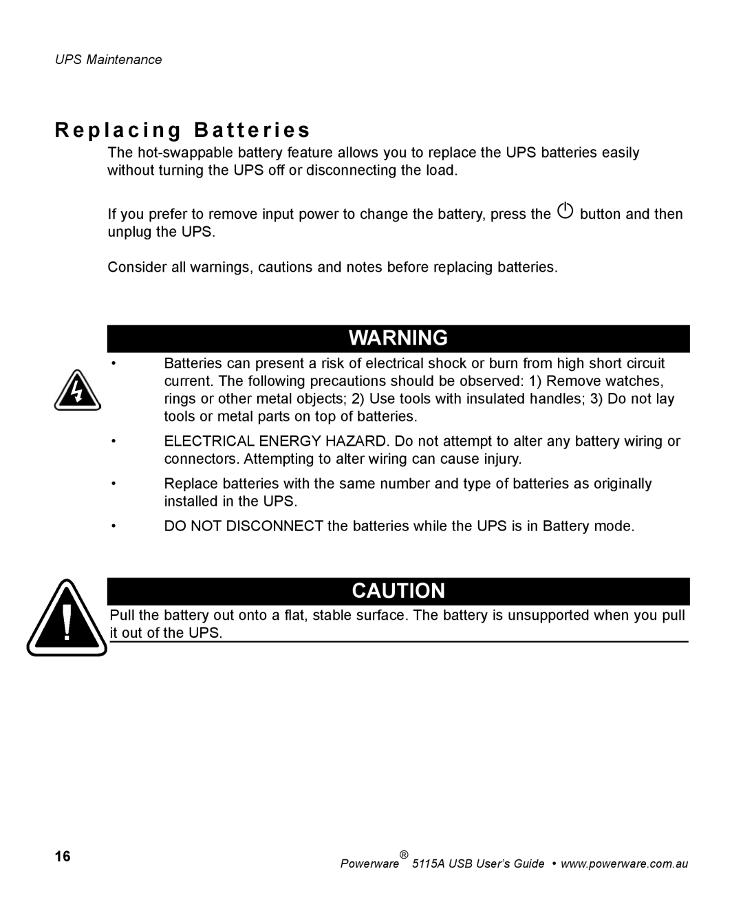 Powerware 5115A USB manual P l a c i n g B a t t e r i e s 