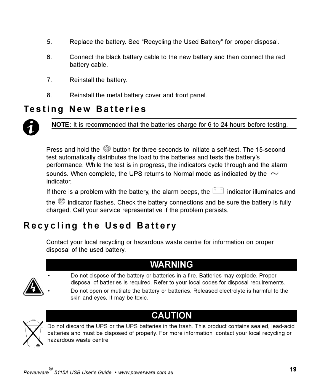 Powerware 5115A USB manual Te s t i n g N e w B a t t e r i e s, C y c l i n g t h e U s e d B a t t e r y 