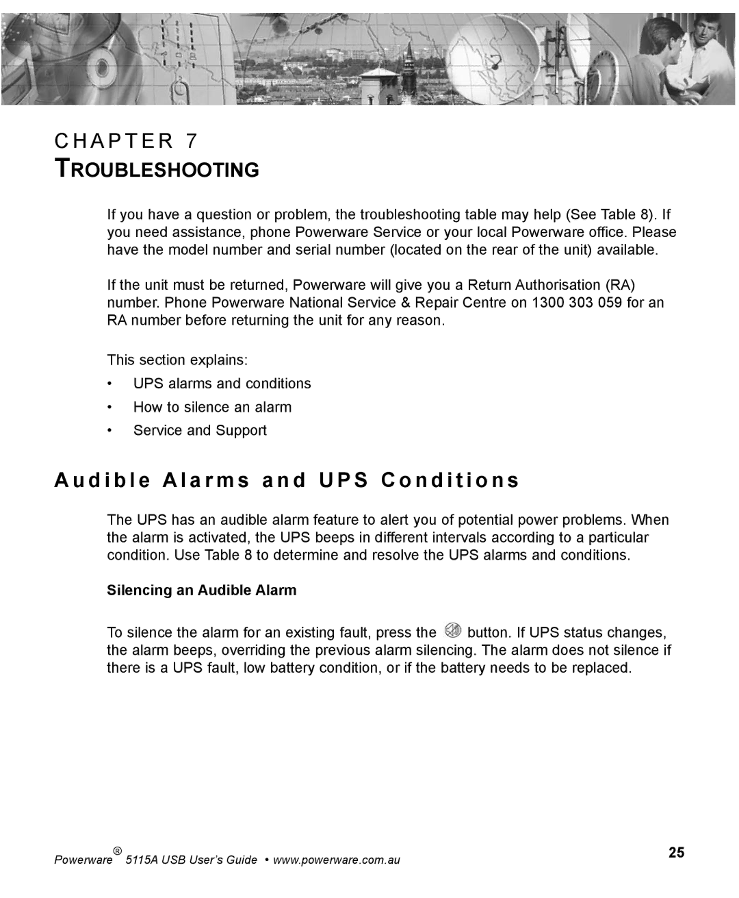 Powerware 5115A USB manual D i b l e Alarm s a n d U P S C o n d i t i o n s, Troubleshooting, Silencing an Audible Alarm 