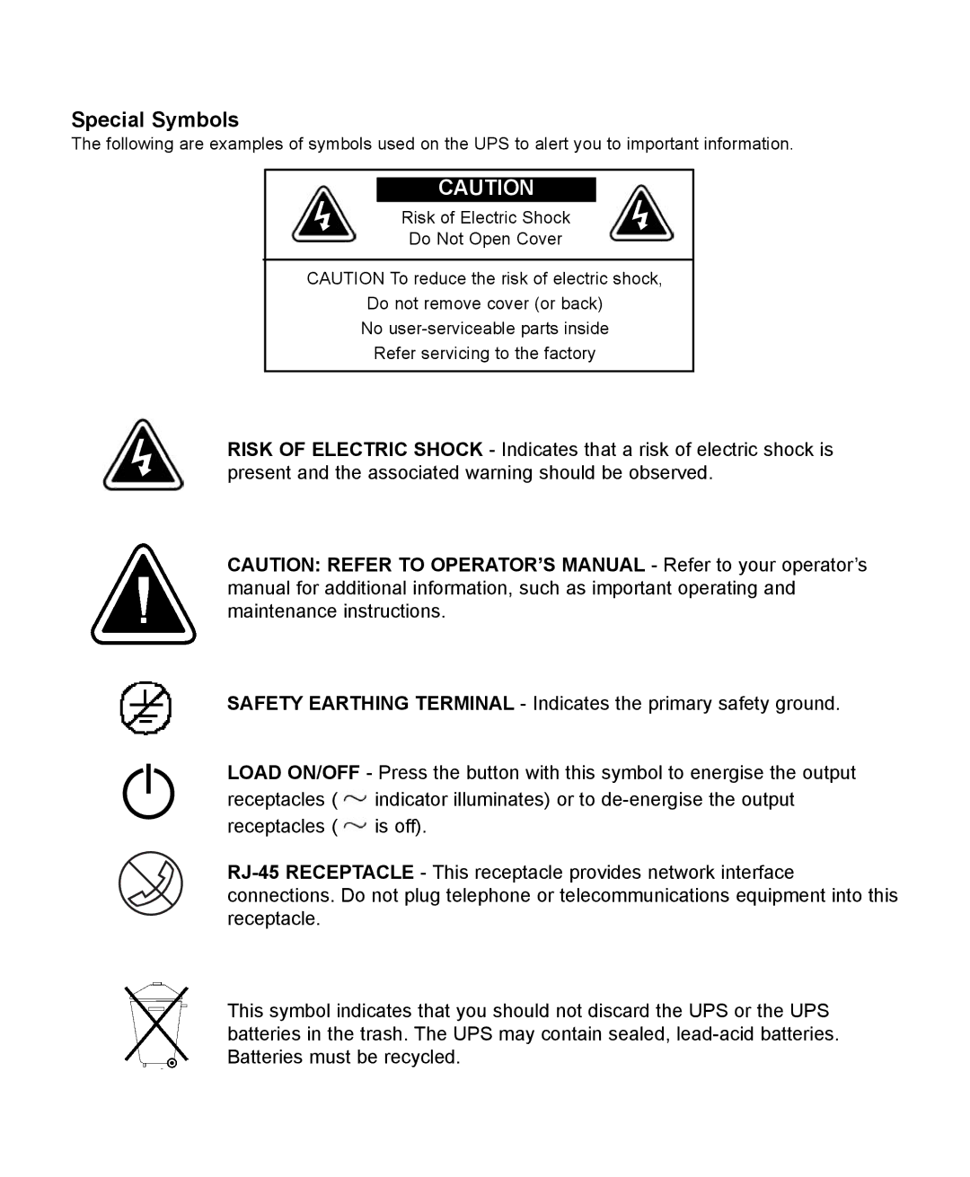 Powerware 5115A USB manual Special Symbols 