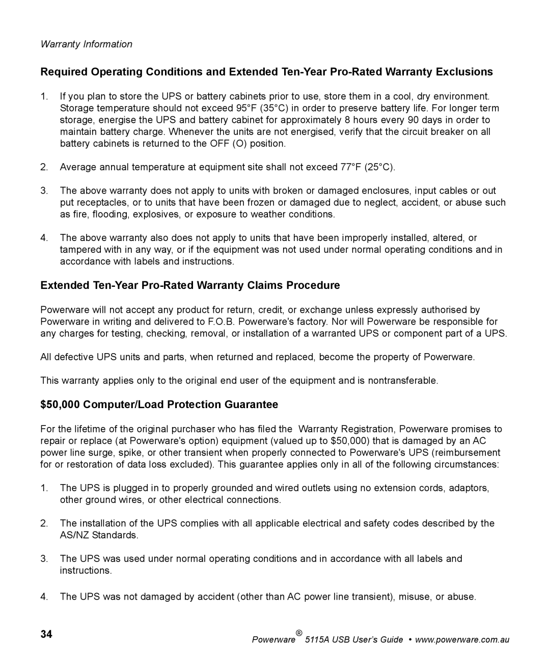 Powerware 5115A USB Extended Ten-Year Pro-Rated Warranty Claims Procedure, $50,000 Computer/Load Protection Guarantee 