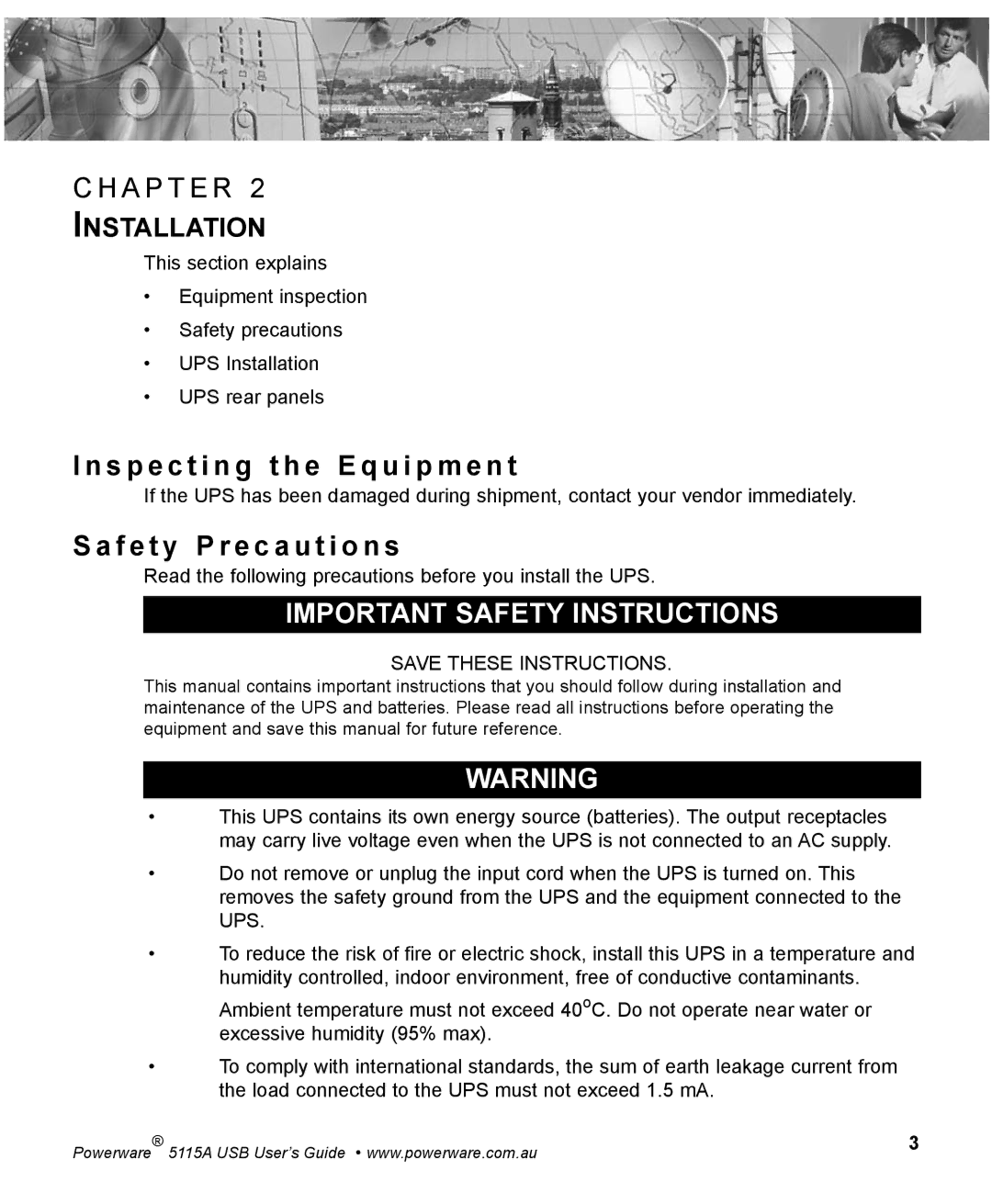 Powerware 5115A USB manual S p e c t i n g t h e E q u i p m e n t, F e t y P r e c a u t i o n s, Installation 