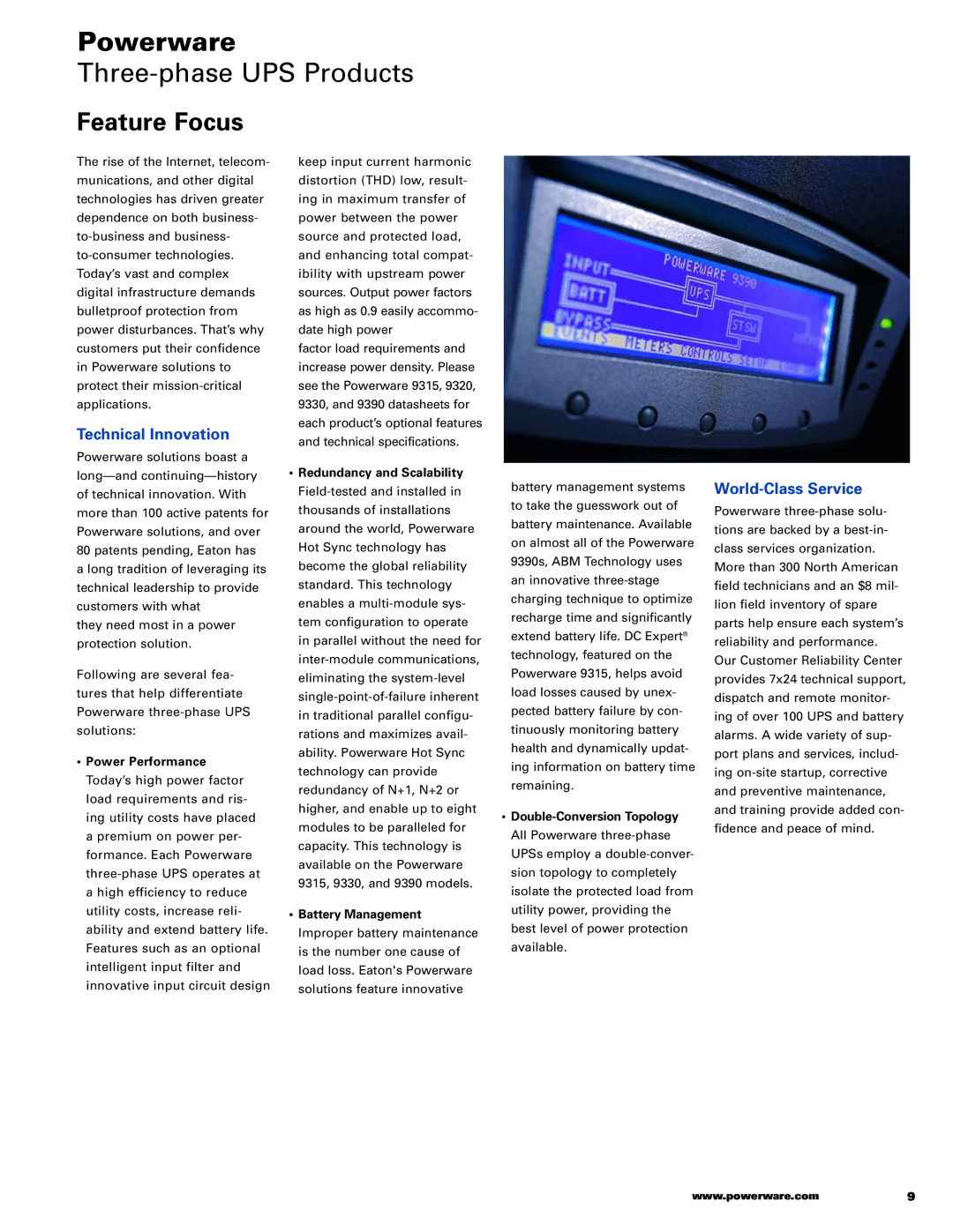 Powerware 5110, 5115RM, 9125, 3105, 9155 Three-phase UPS Products, Feature Focus, Technical Innovation, World-Class Service 