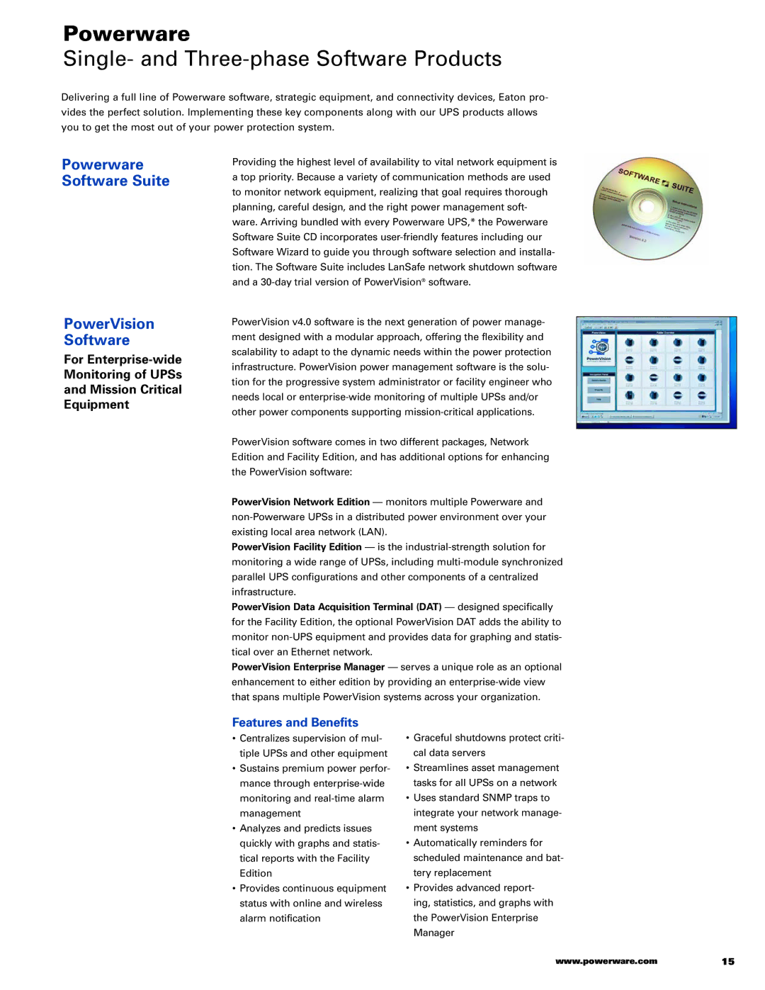 Powerware 5110, 5115RM, 9125, 3105 Single- and Three-phase Software Products, Powerware Software Suite, PowerVision Software 