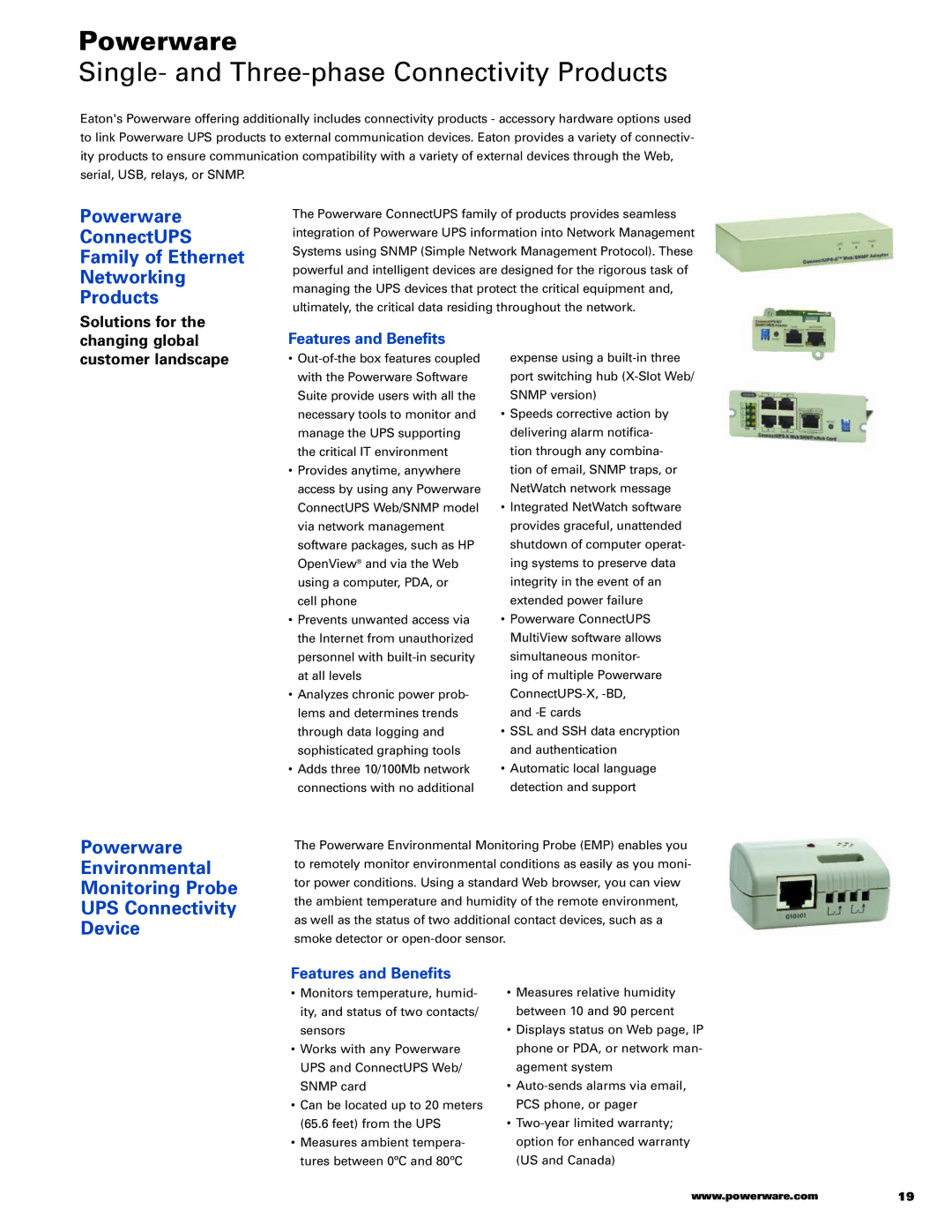 Powerware 9155 Single- and Three-phase Connectivity Products, Powerware ConnectUPS Family of Ethernet Networking Products 