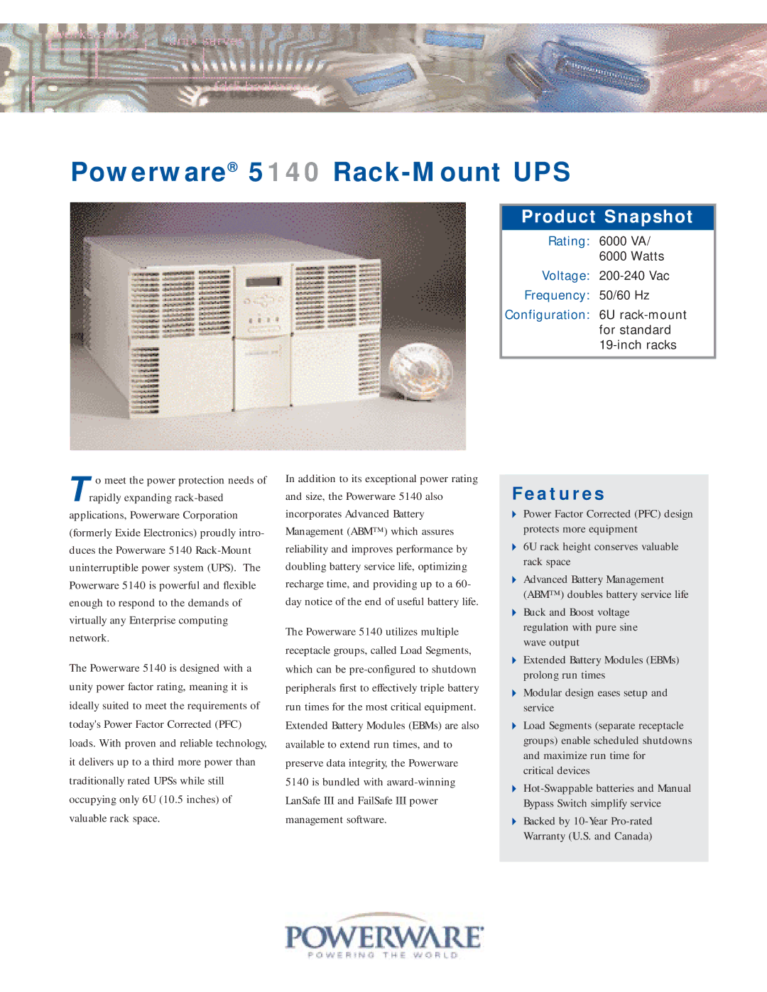 Powerware warranty Powerware 5140 Rack-Mount UPS, Features 