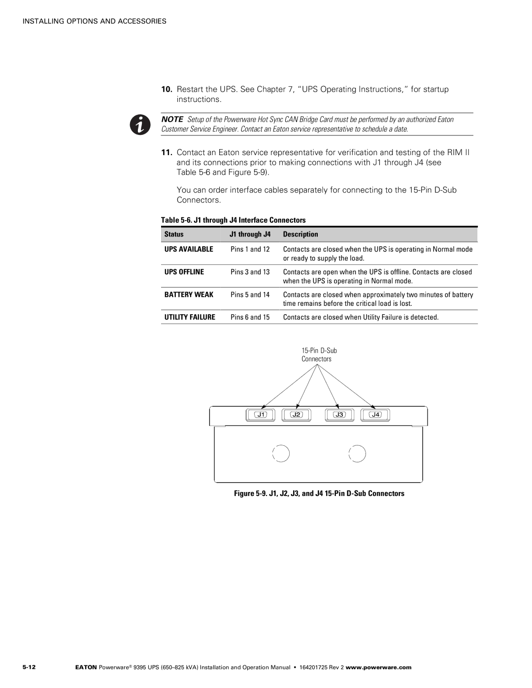 Powerware 650825 kVA operation manual J1 through J4 Interface Connectors 