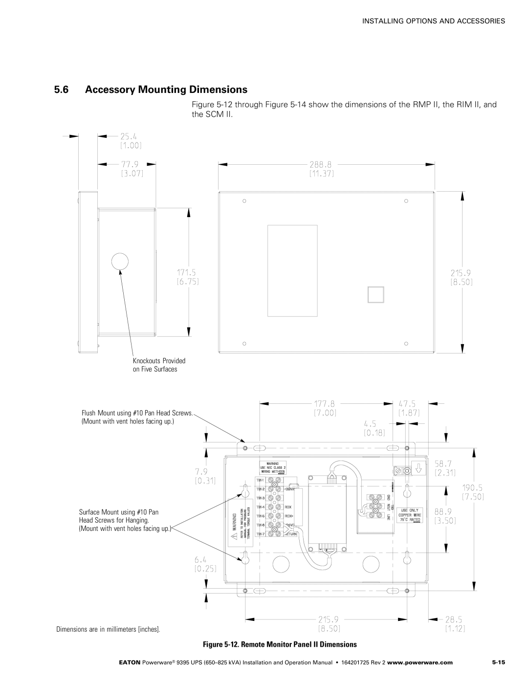 Powerware 650825 kVA operation manual Accessory Mounting Dimensions, Remote Monitor Panel II Dimensions 