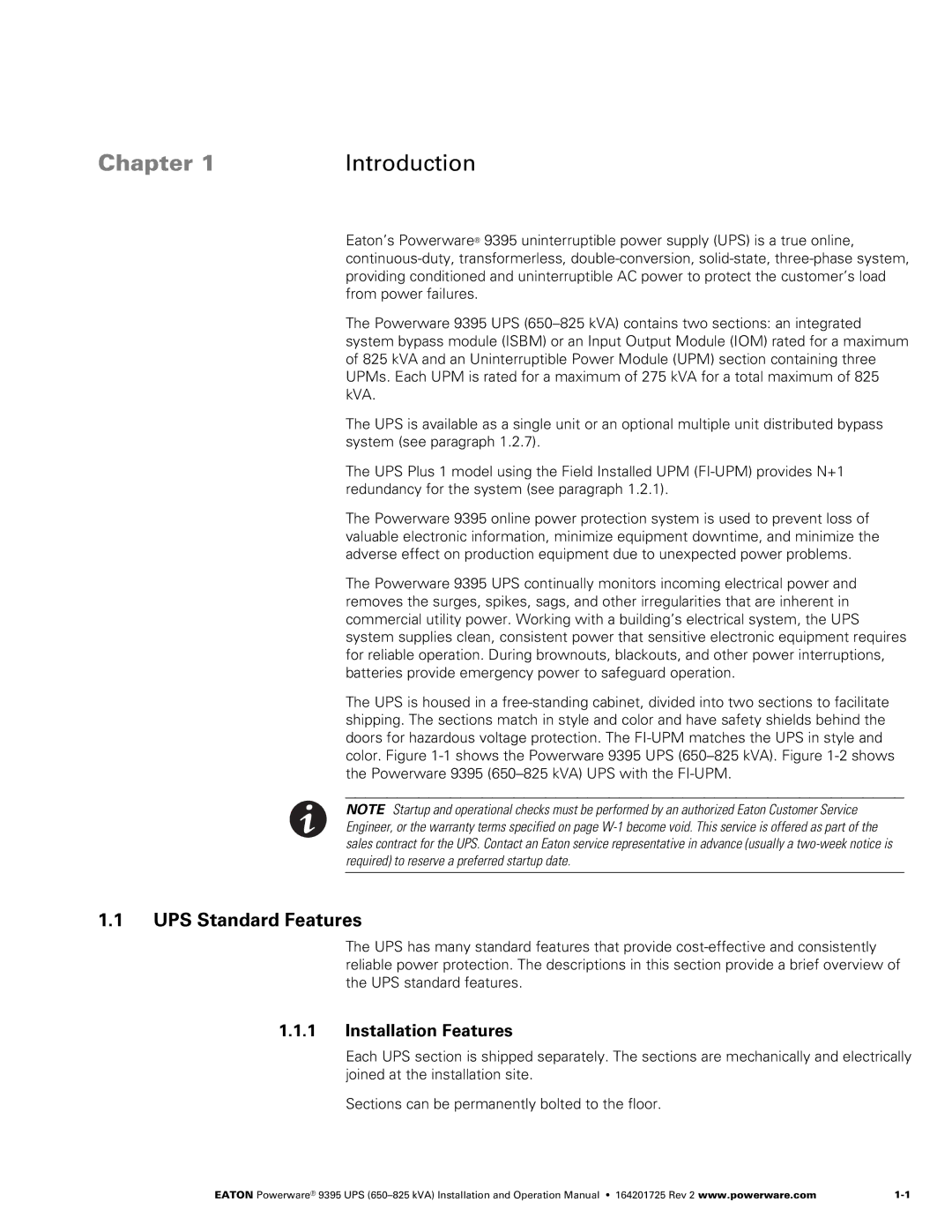 Powerware 650825 kVA operation manual UPS Standard Features, Installation Features 