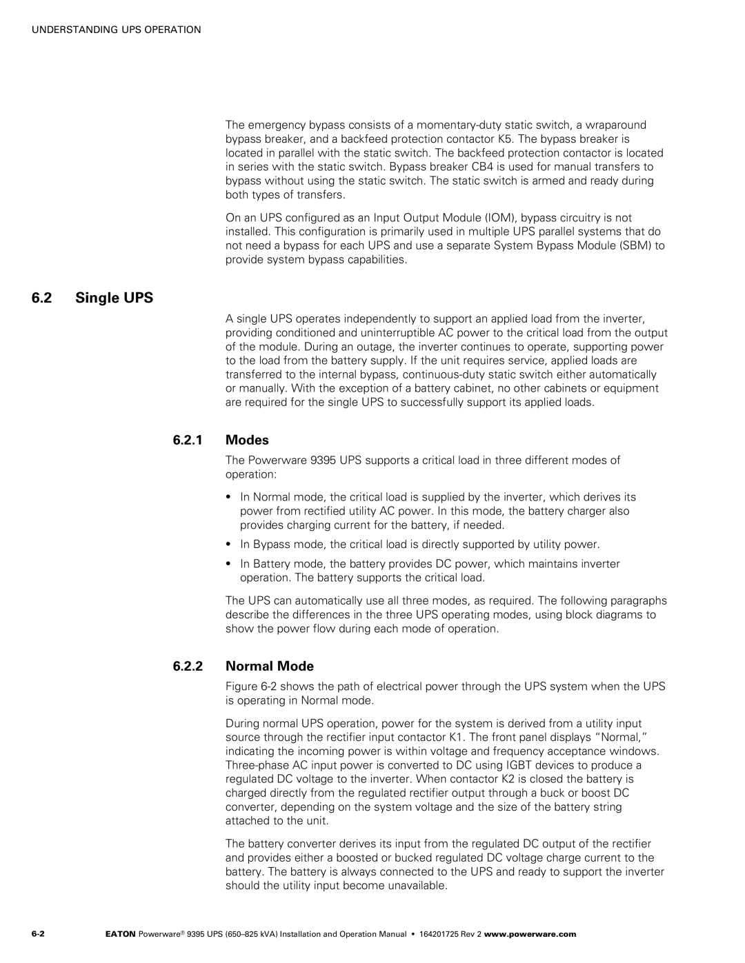 Powerware 650825 kVA operation manual Single UPS, Modes, Normal Mode 