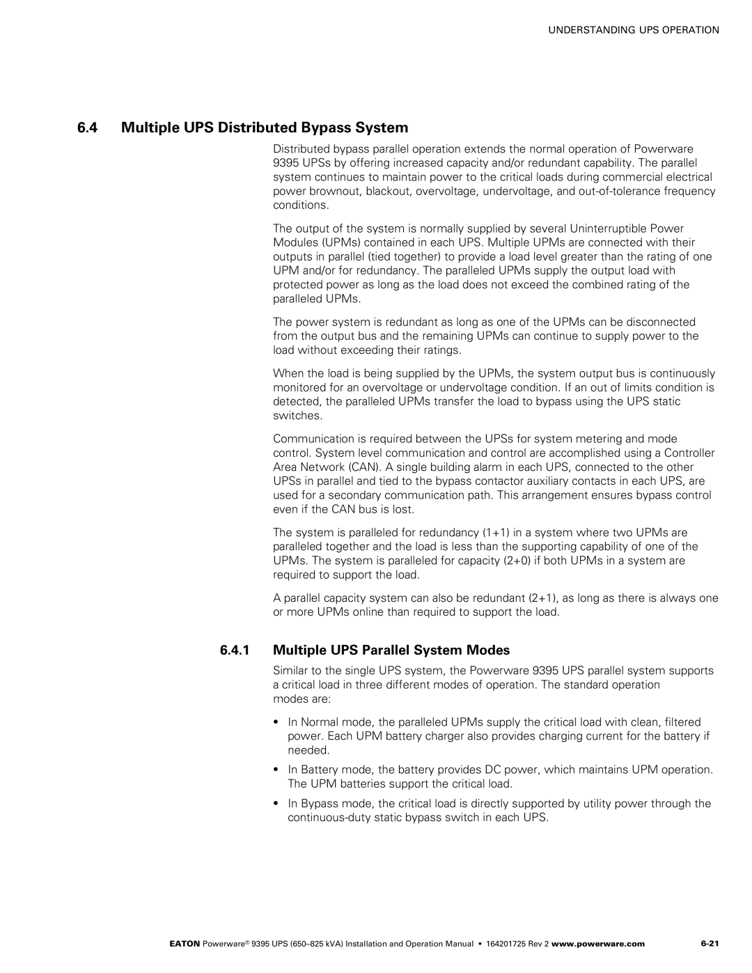 Powerware 650825 kVA operation manual Multiple UPS Distributed Bypass System, Multiple UPS Parallel System Modes 