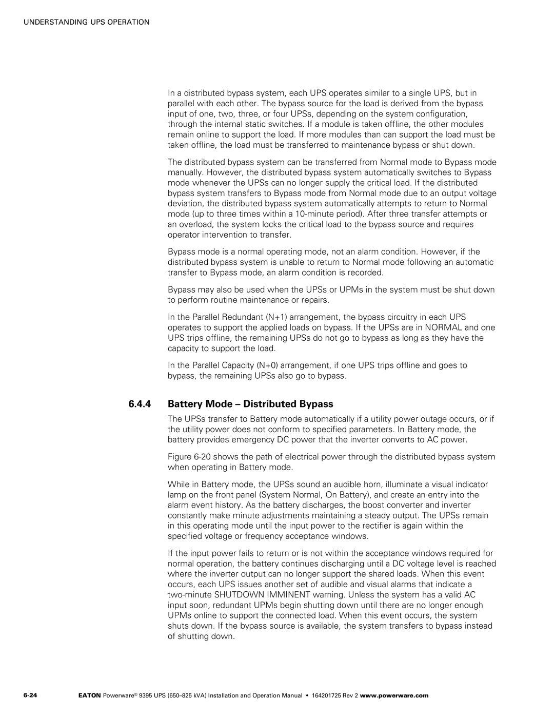 Powerware 650825 kVA operation manual Battery Mode Distributed Bypass 