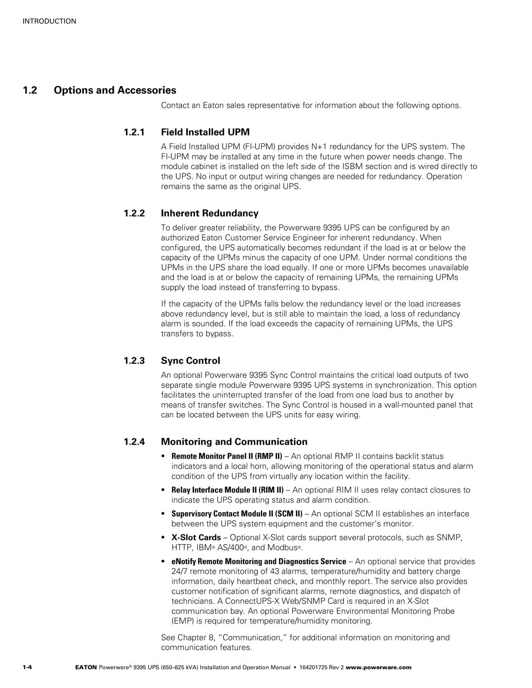 Powerware 650825 kVA operation manual Options and Accessories, Field Installed UPM, Inherent Redundancy, Sync Control 