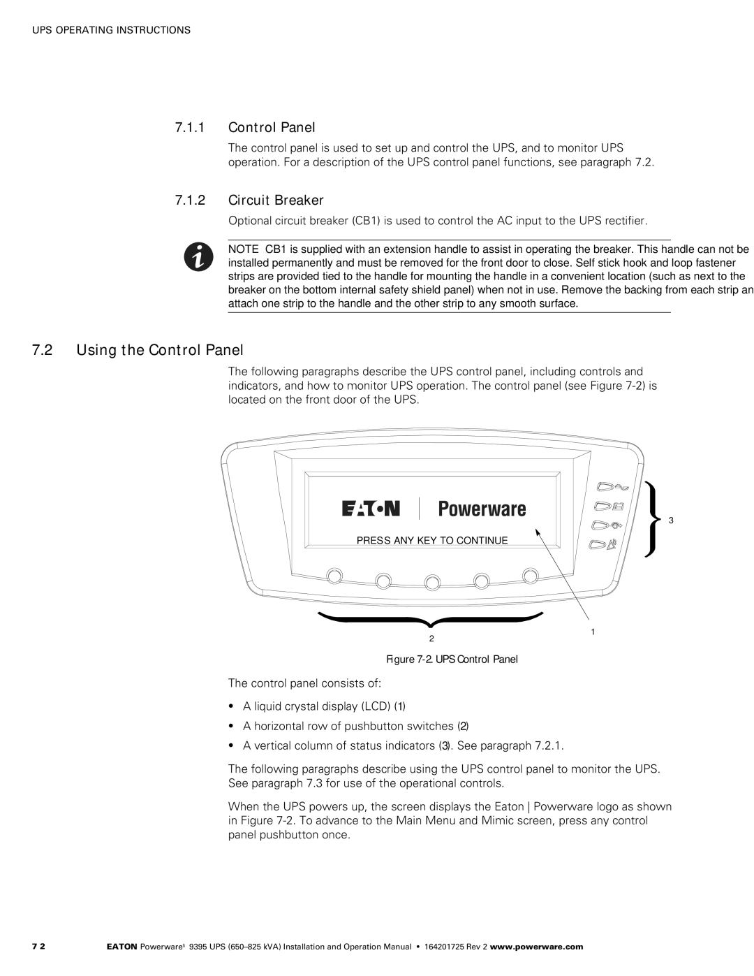 Powerware 650825 kVA operation manual Using the Control Panel, Circuit Breaker 