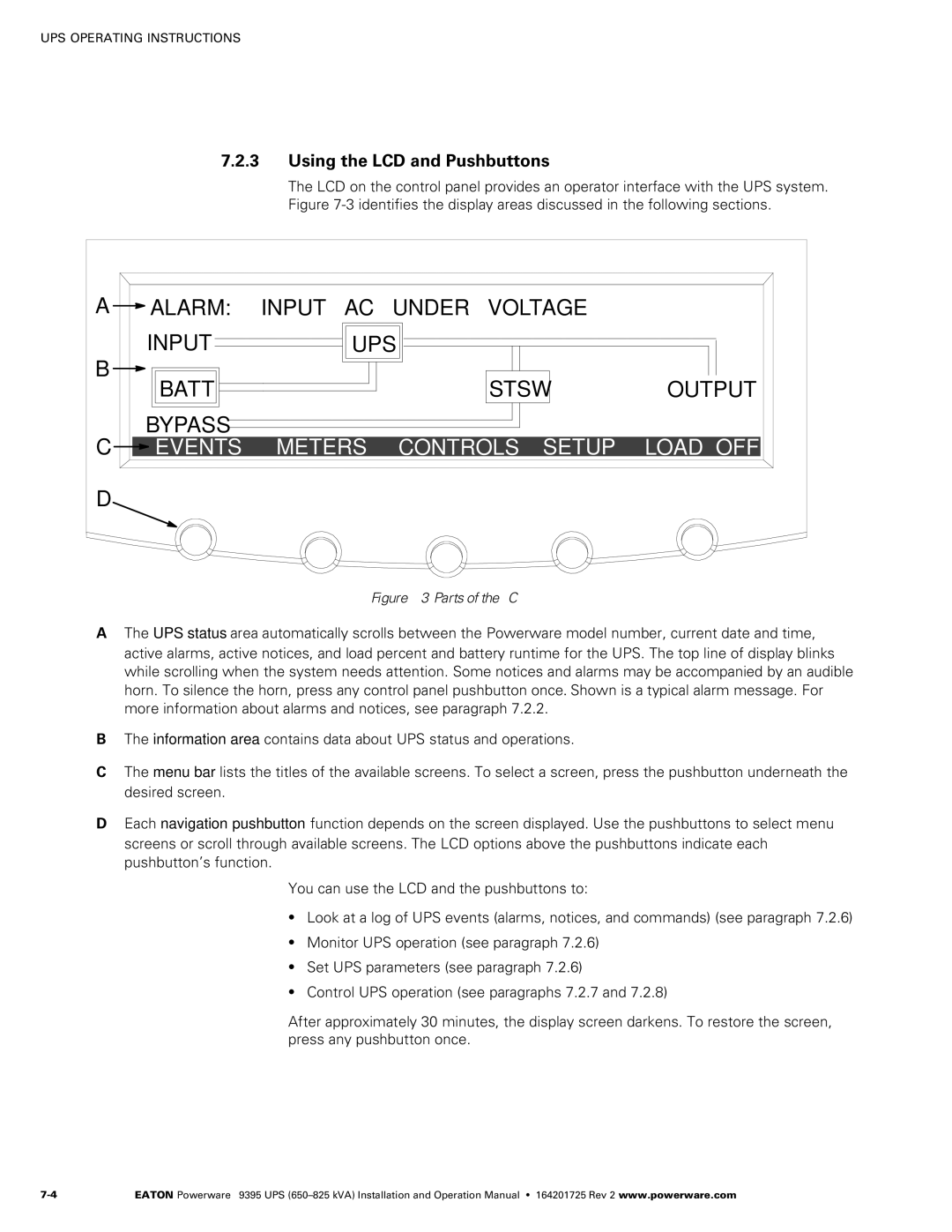 Powerware 650825 kVA operation manual Events Meters Controls Setup, Using the LCD and Pushbuttons 