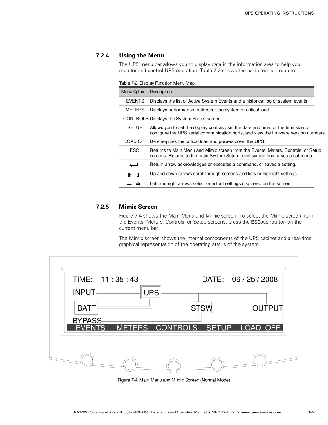 Powerware 650825 kVA operation manual Using the Menu, Mimic Screen 