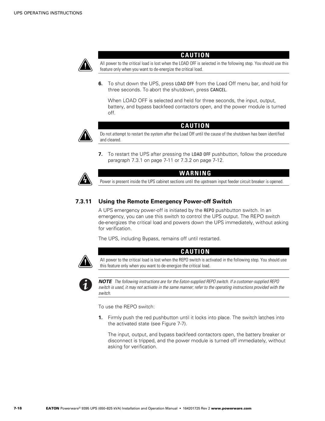 Powerware 650825 kVA operation manual Using the Remote Emergency Power−off Switch 