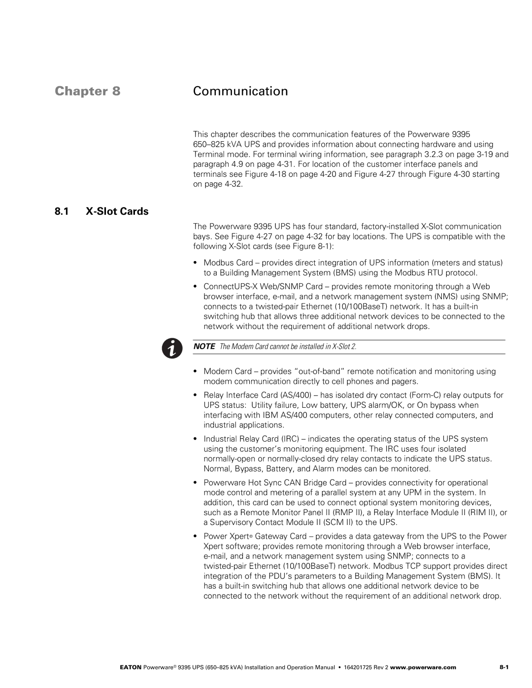 Powerware 650825 kVA operation manual Chapter Communication, X−Slot Cards 