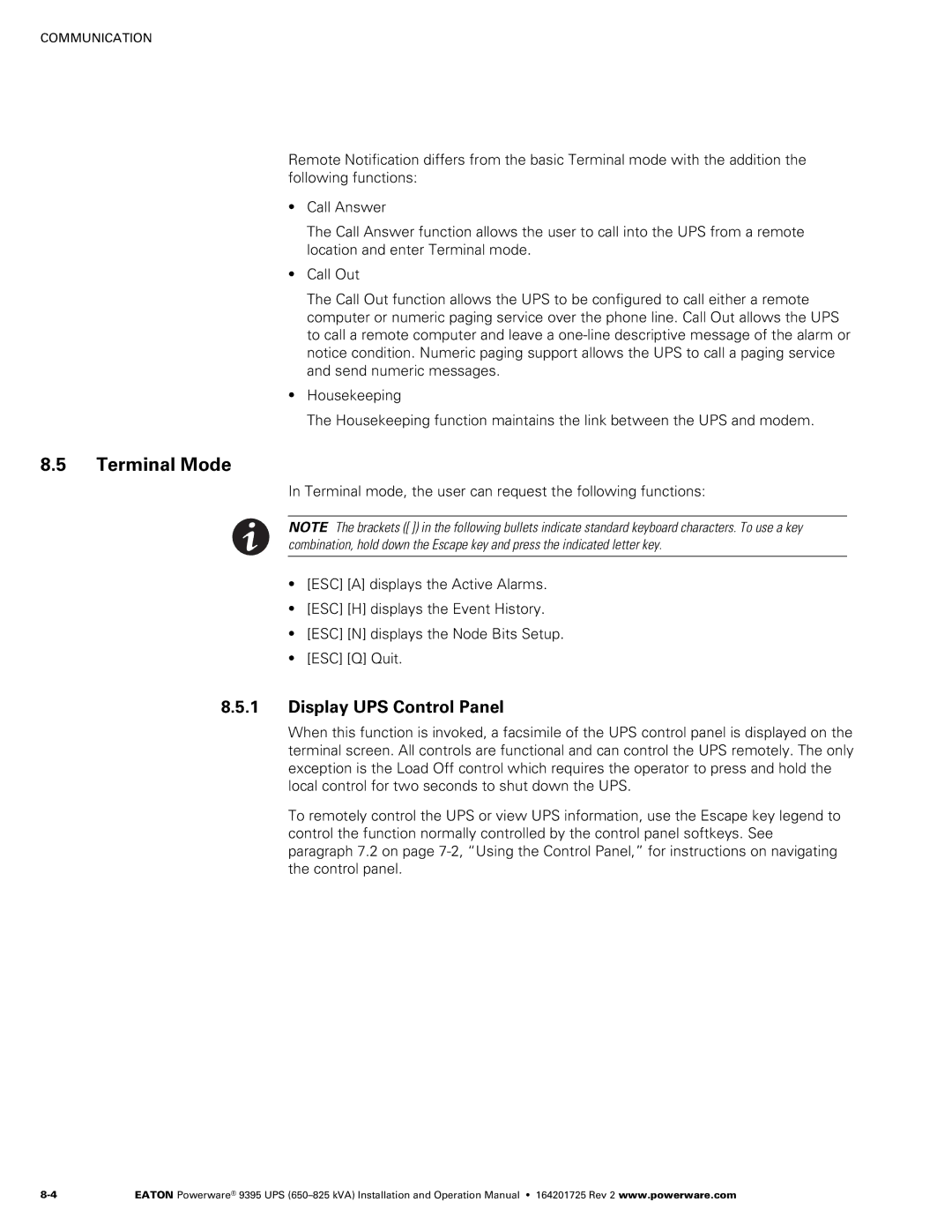Powerware 650825 kVA operation manual Terminal Mode, Display UPS Control Panel 