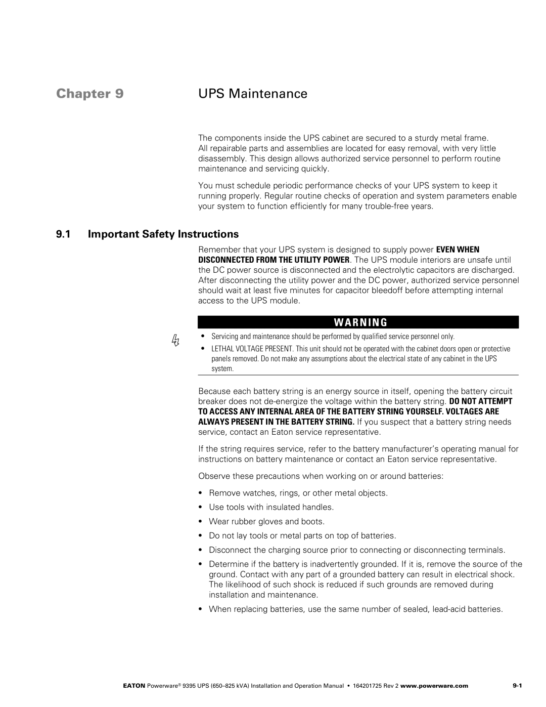 Powerware 650825 kVA operation manual Chapter UPS Maintenance, Important Safety Instructions 