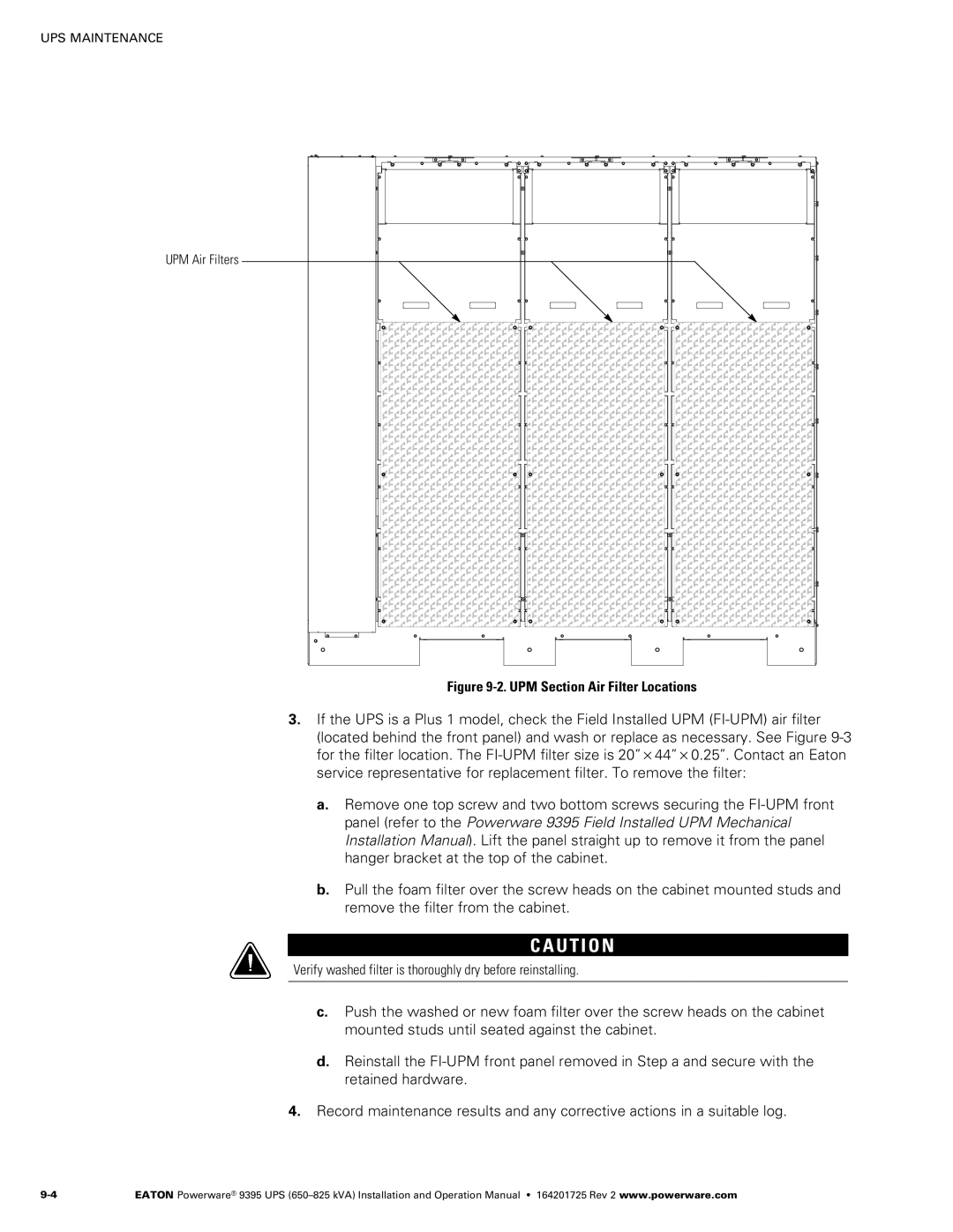 Powerware 650825 kVA operation manual Verify washed filter is thoroughly dry before reinstalling, UPM Air Filters 