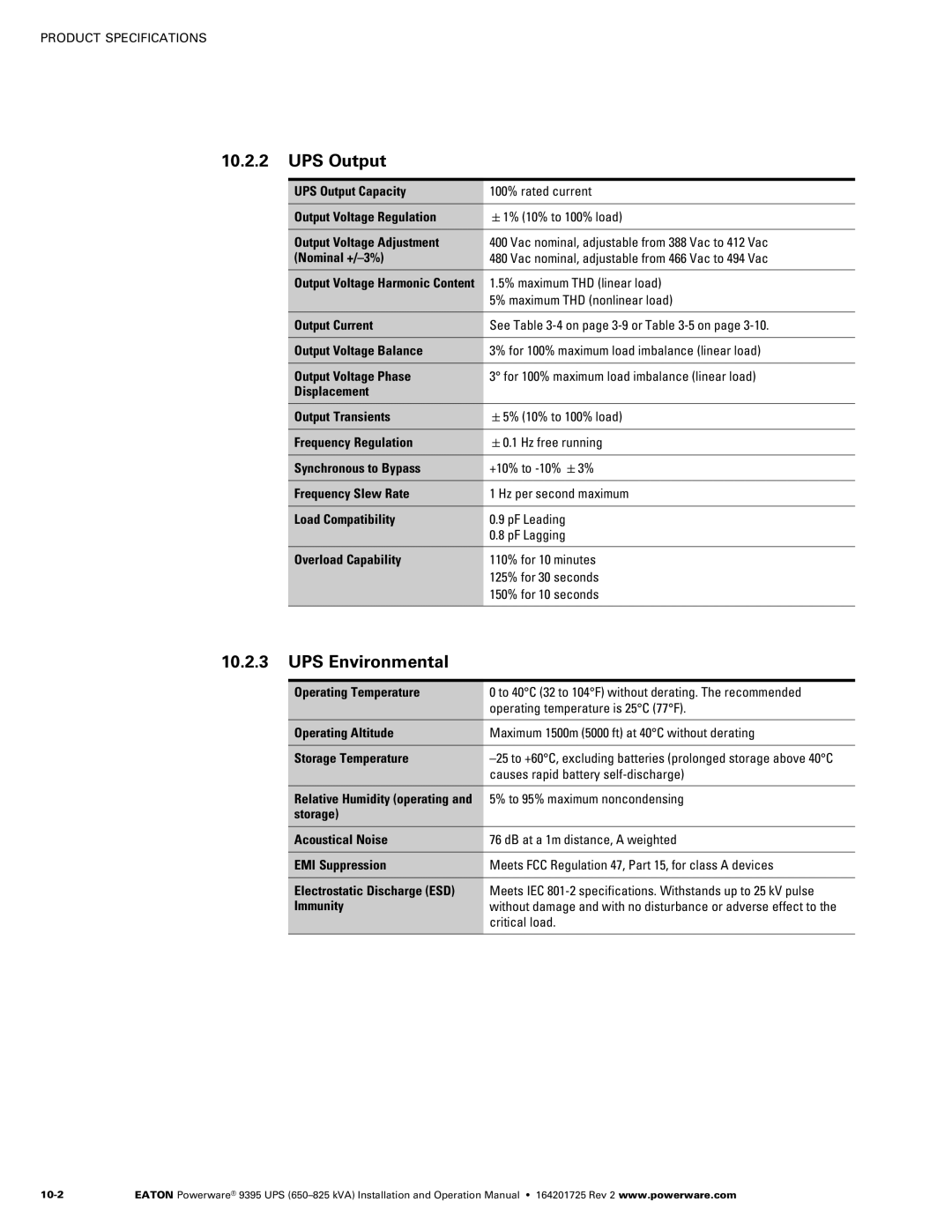 Powerware 650825 kVA operation manual UPS Output, UPS Environmental 