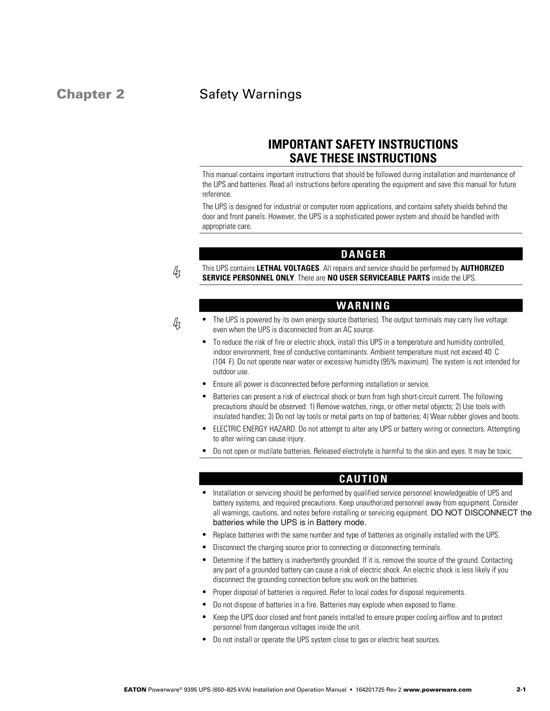 Powerware 650825 kVA operation manual Chapter Safety Warnings 