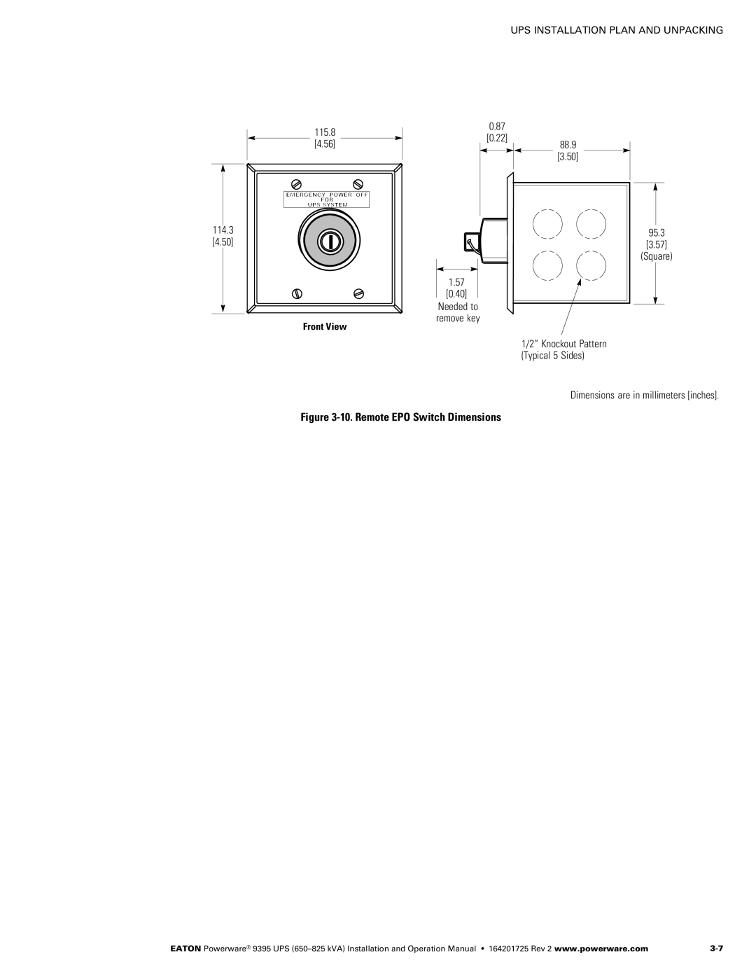 Powerware 650825 kVA operation manual Remote EPO Switch Dimensions, 114.3 115.8 Front View 