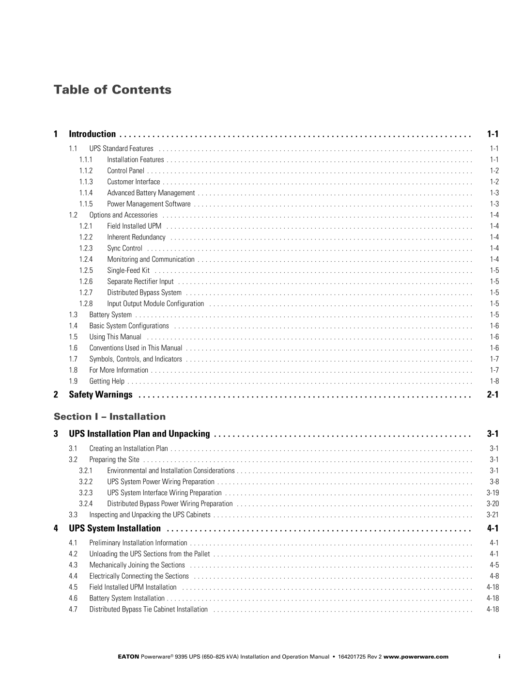 Powerware 650825 kVA operation manual Table of Contents 