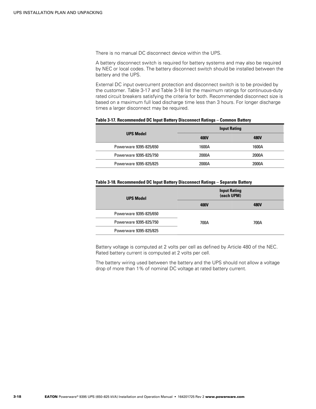 Powerware 650825 kVA operation manual UPS Model Each UPM 400V 480V, 700A 