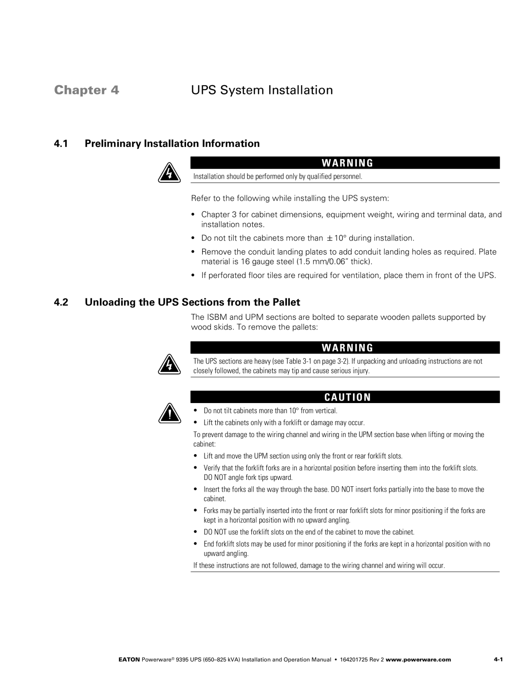 Powerware 650825 kVA operation manual Preliminary Installation Information, Unloading the UPS Sections from the Pallet 