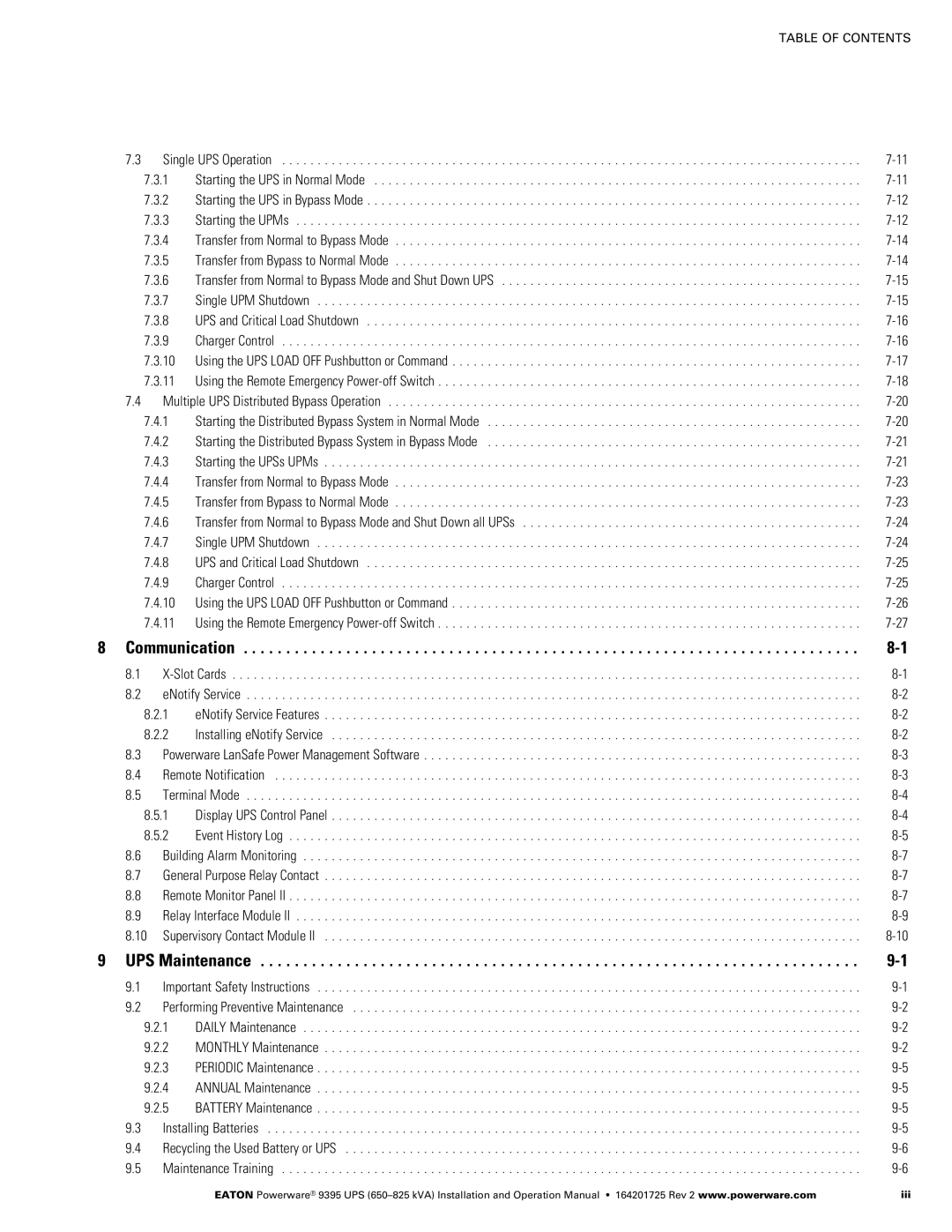 Powerware 650825 kVA operation manual Starting the UPMs, Communication, ENotify Service, Terminal Mode, UPS Maintenance 
