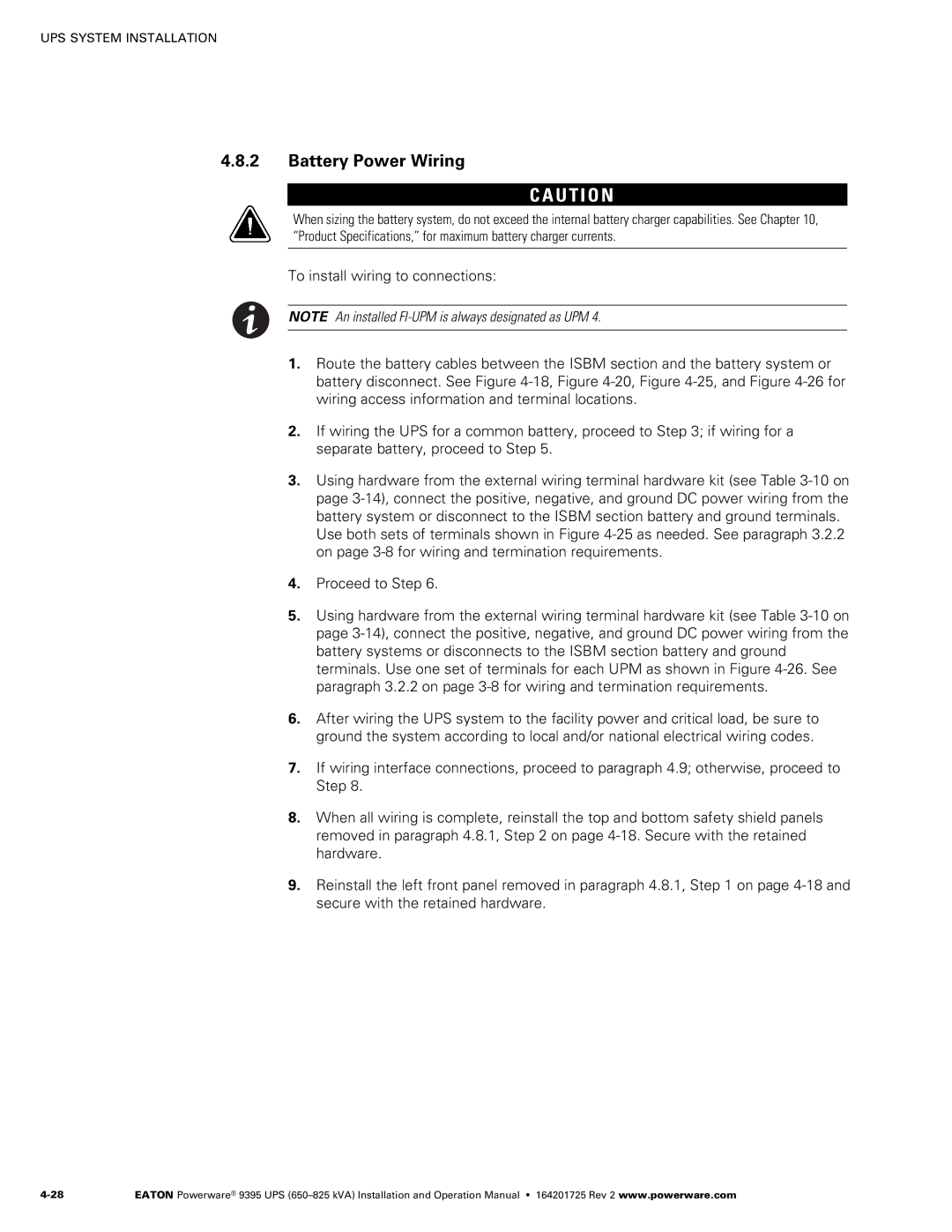 Powerware 650825 kVA operation manual Battery Power Wiring 