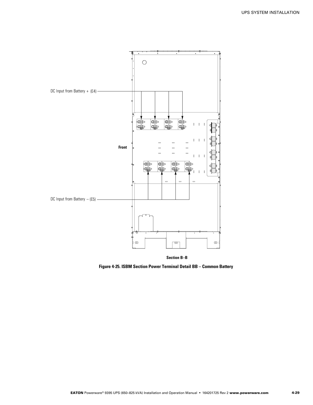 Powerware 650825 kVA operation manual DC Input from Battery + E4 DC Input from Battery E5, Section B-B 