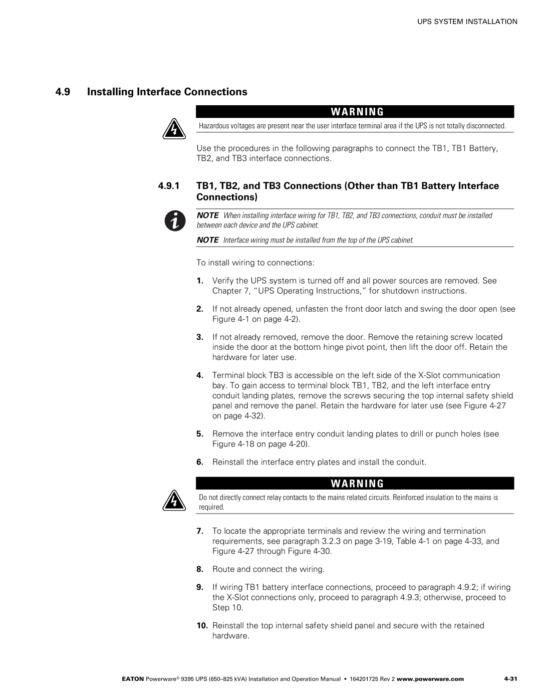 Powerware 650825 kVA operation manual Installing Interface Connections 