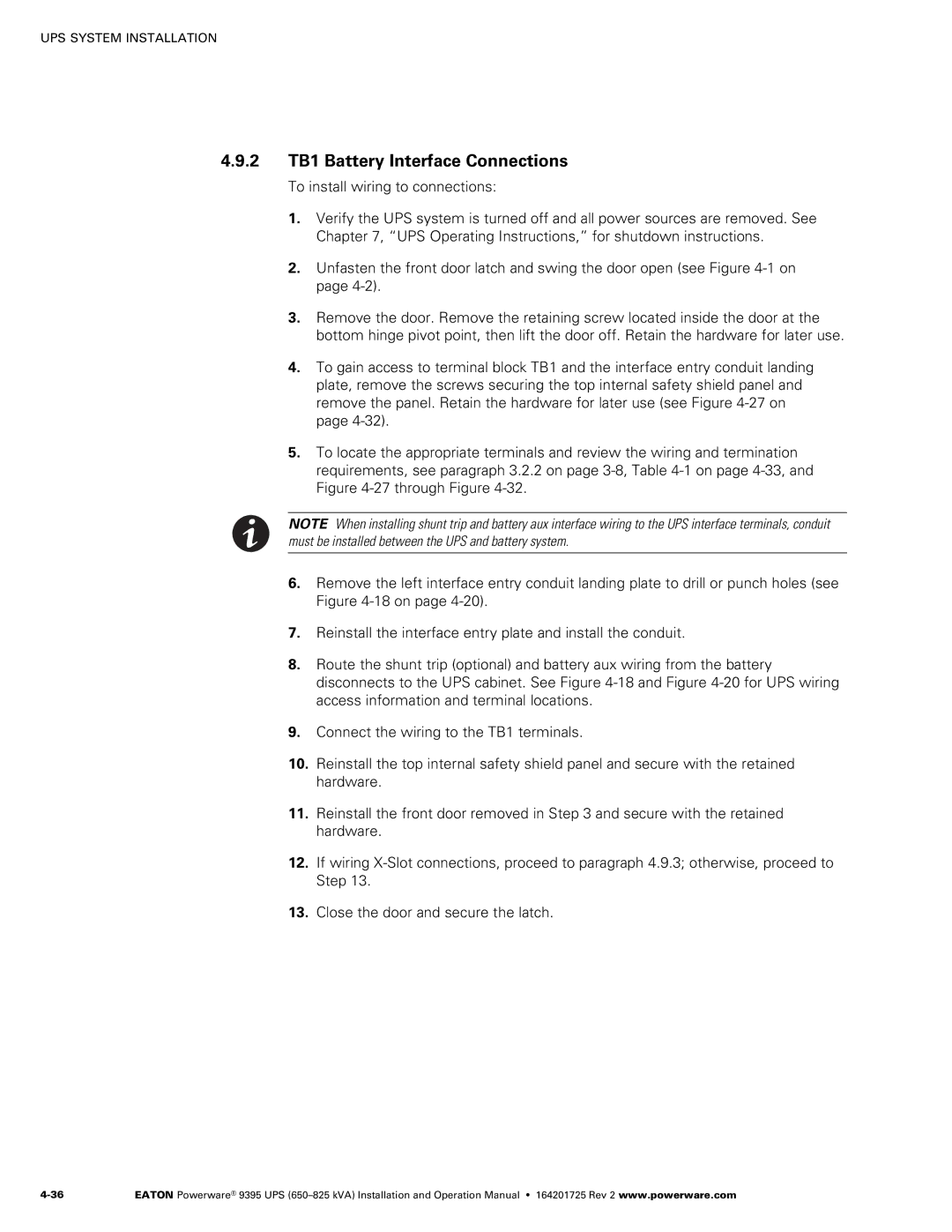 Powerware 650825 kVA operation manual 2 TB1 Battery Interface Connections 