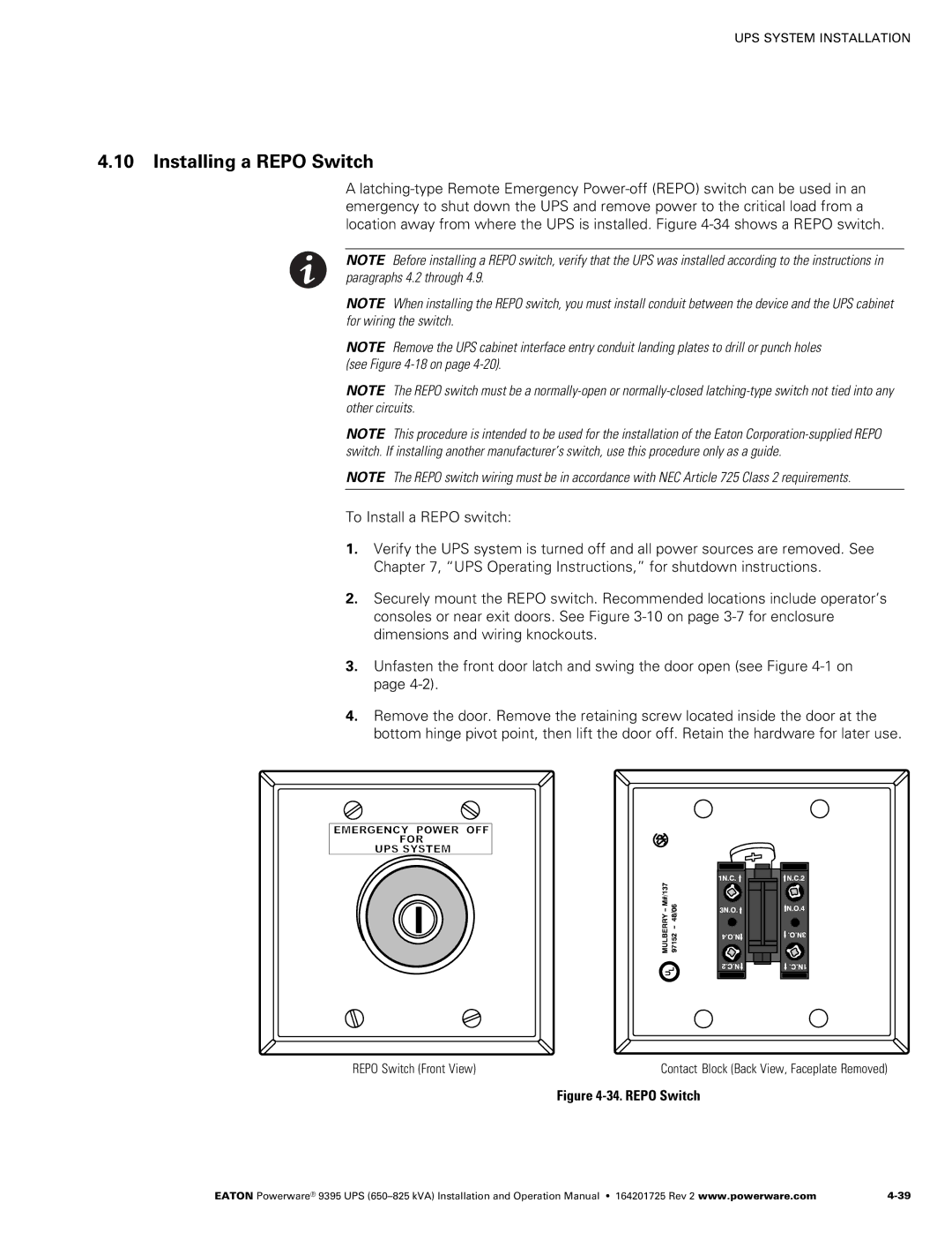 Powerware 650825 kVA operation manual Installing a Repo Switch, Repo Switch Front View 