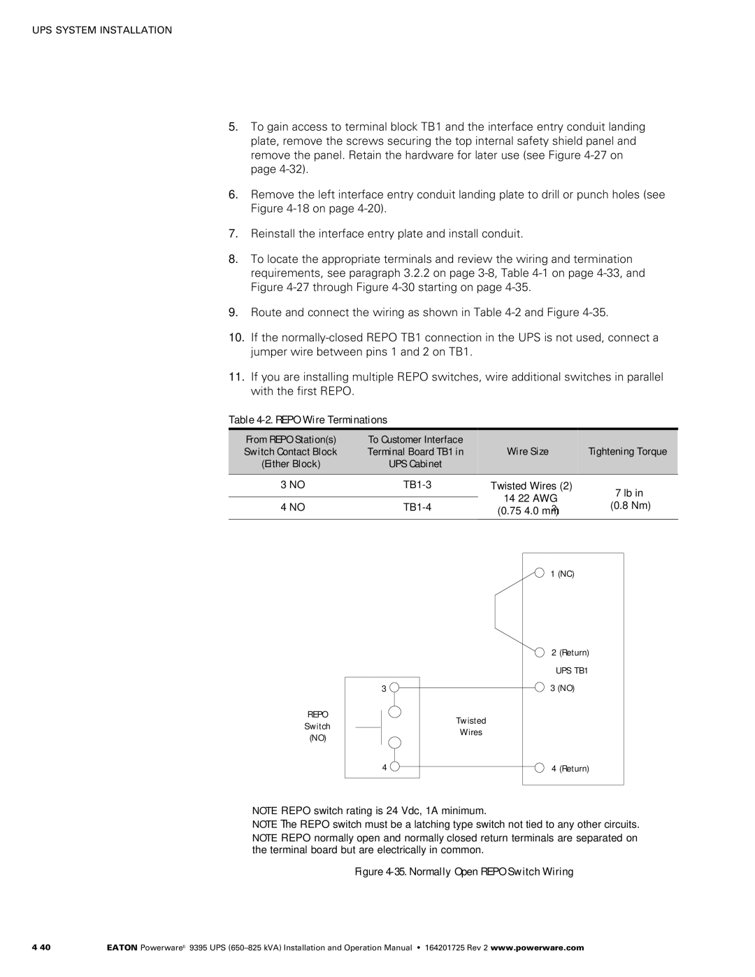 Powerware 650825 kVA operation manual Repo Wire Terminations, Either Block, Return 