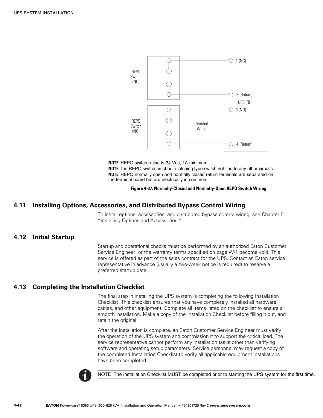 Powerware 650825 kVA operation manual Initial Startup, Completing the Installation Checklist 