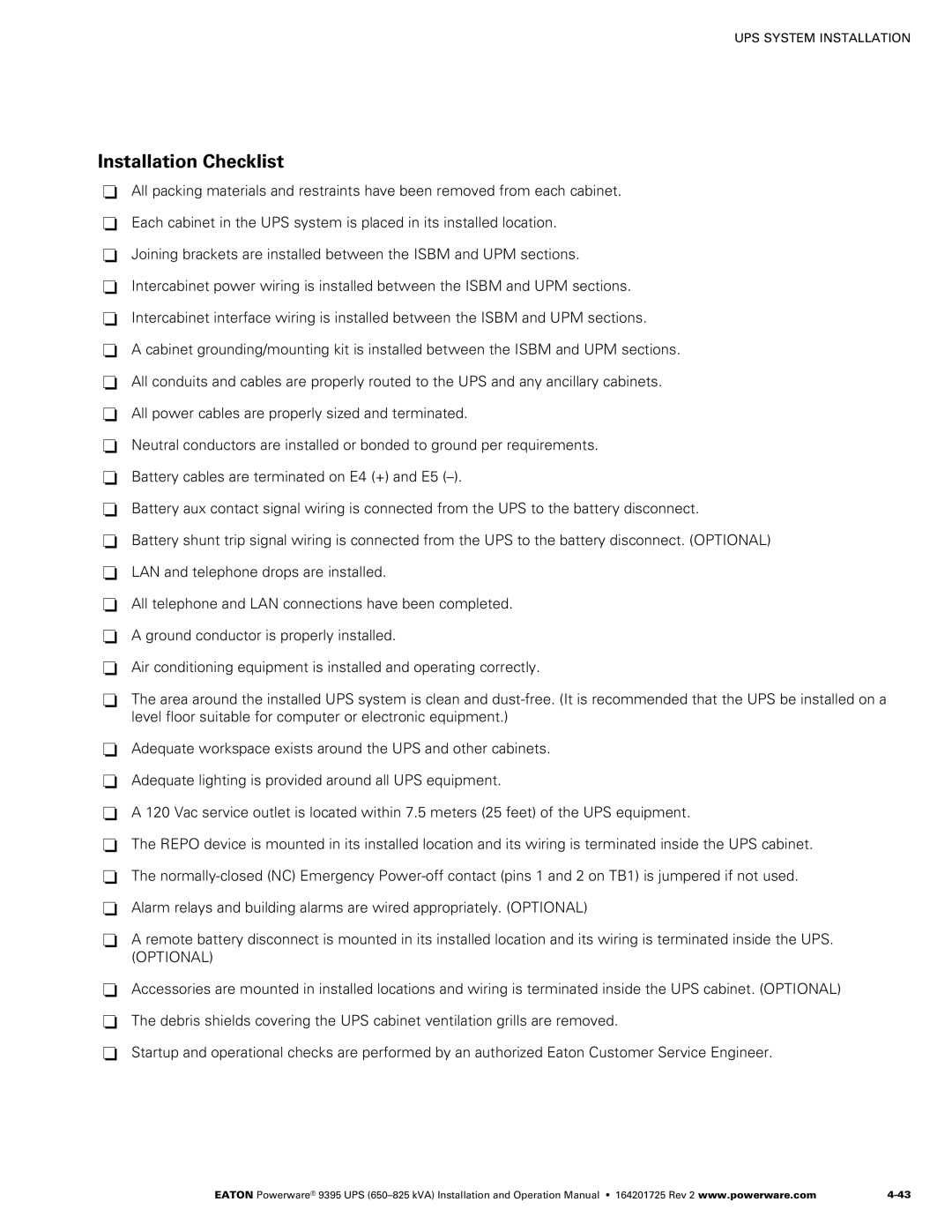 Powerware 650825 kVA operation manual Installation Checklist 