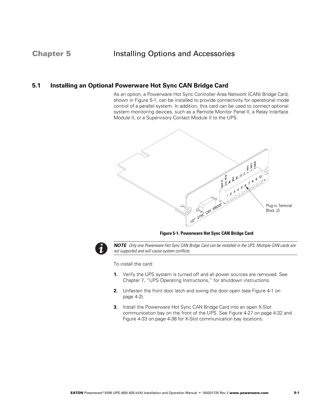 Powerware 650825 kVA operation manual Installing an Optional Powerware Hot Sync can Bridge Card, Plug−in Terminal Block J3 