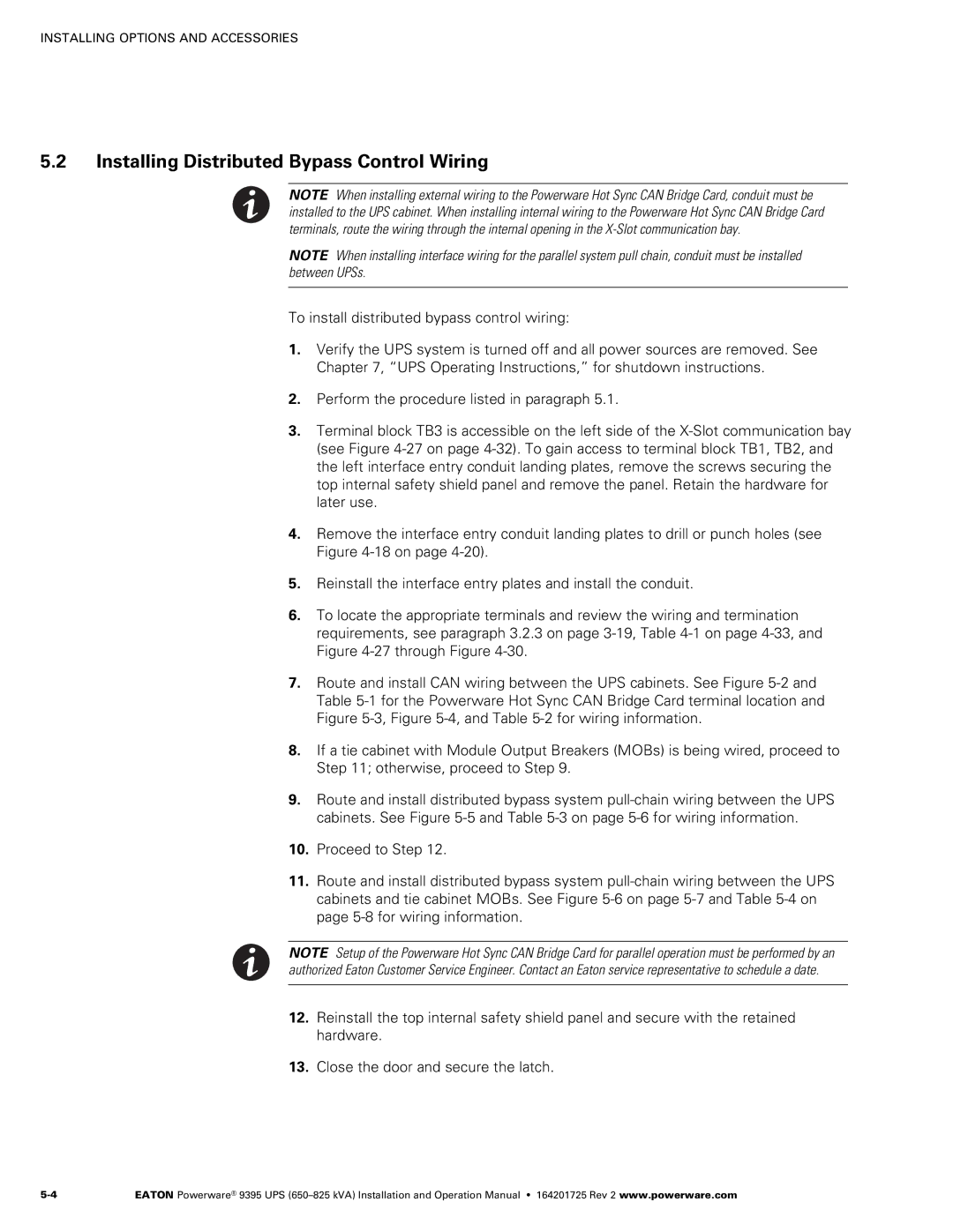 Powerware 650825 kVA operation manual Installing Distributed Bypass Control Wiring 