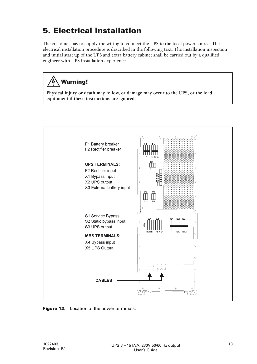 Powerware 8 - 15 kVA, 8 - 10 kVA manual Electrical installation, Location of the power terminals 