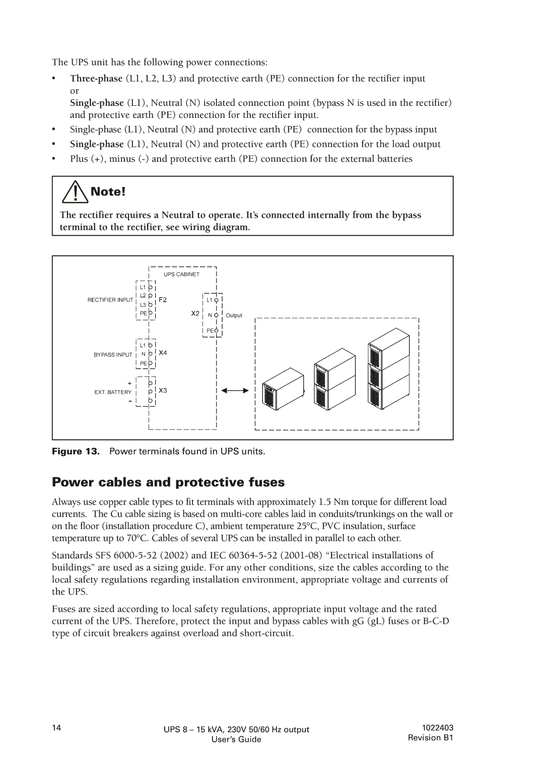 Powerware 8 - 10 kVA, 8 - 15 kVA manual Power cables and protective fuses, Power terminals found in UPS units 