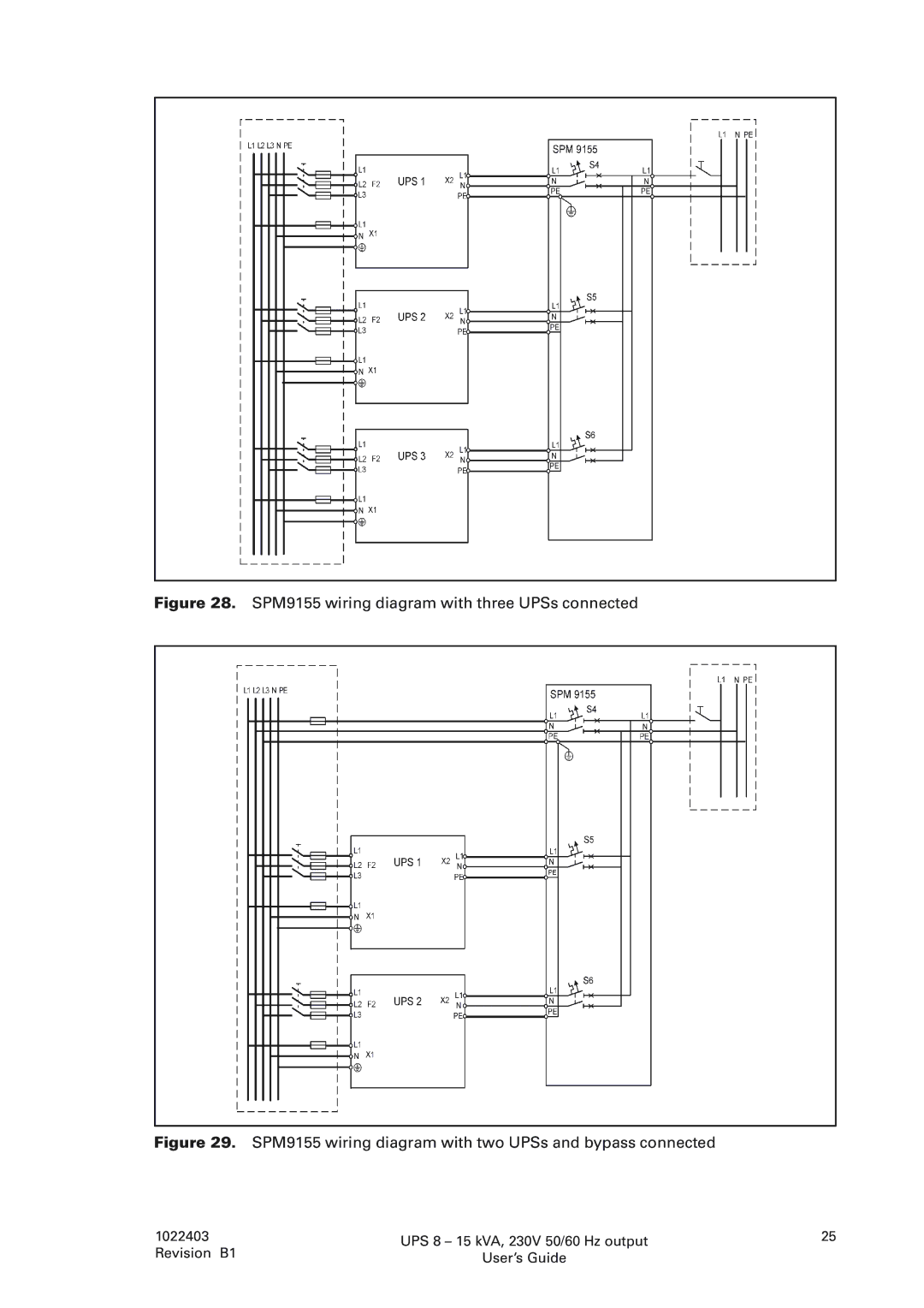 Powerware 8 - 15 kVA, 8 - 10 kVA manual SPM9155 wiring diagram with three UPSs connected 