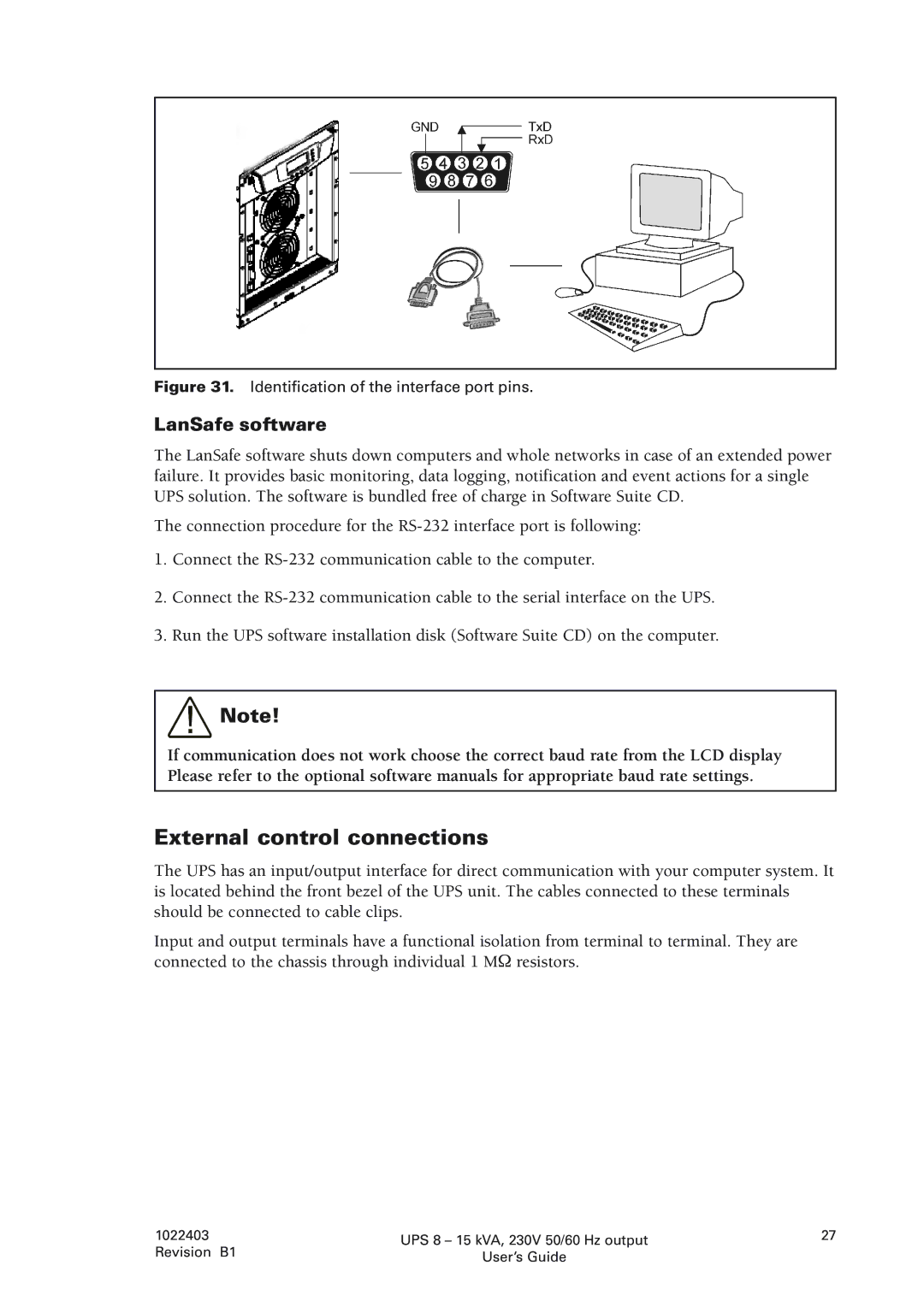 Powerware 8 - 15 kVA, 8 - 10 kVA manual External control connections, LanSafe software 