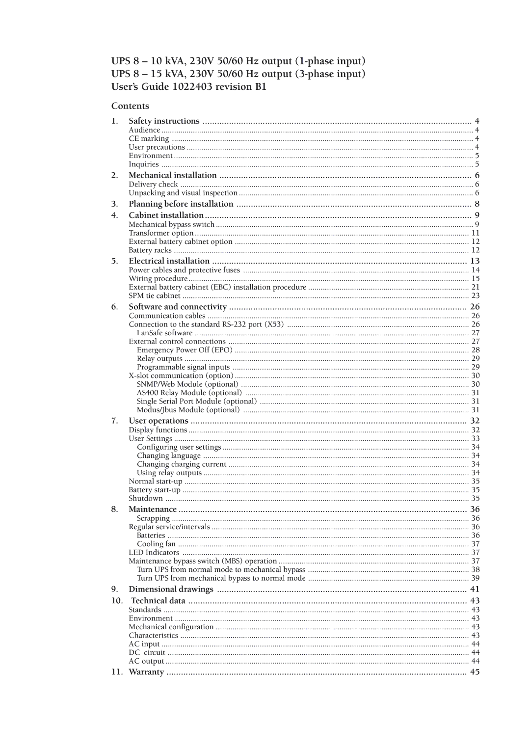 Powerware 8 - 15 kVA, 8 - 10 kVA manual Contents 